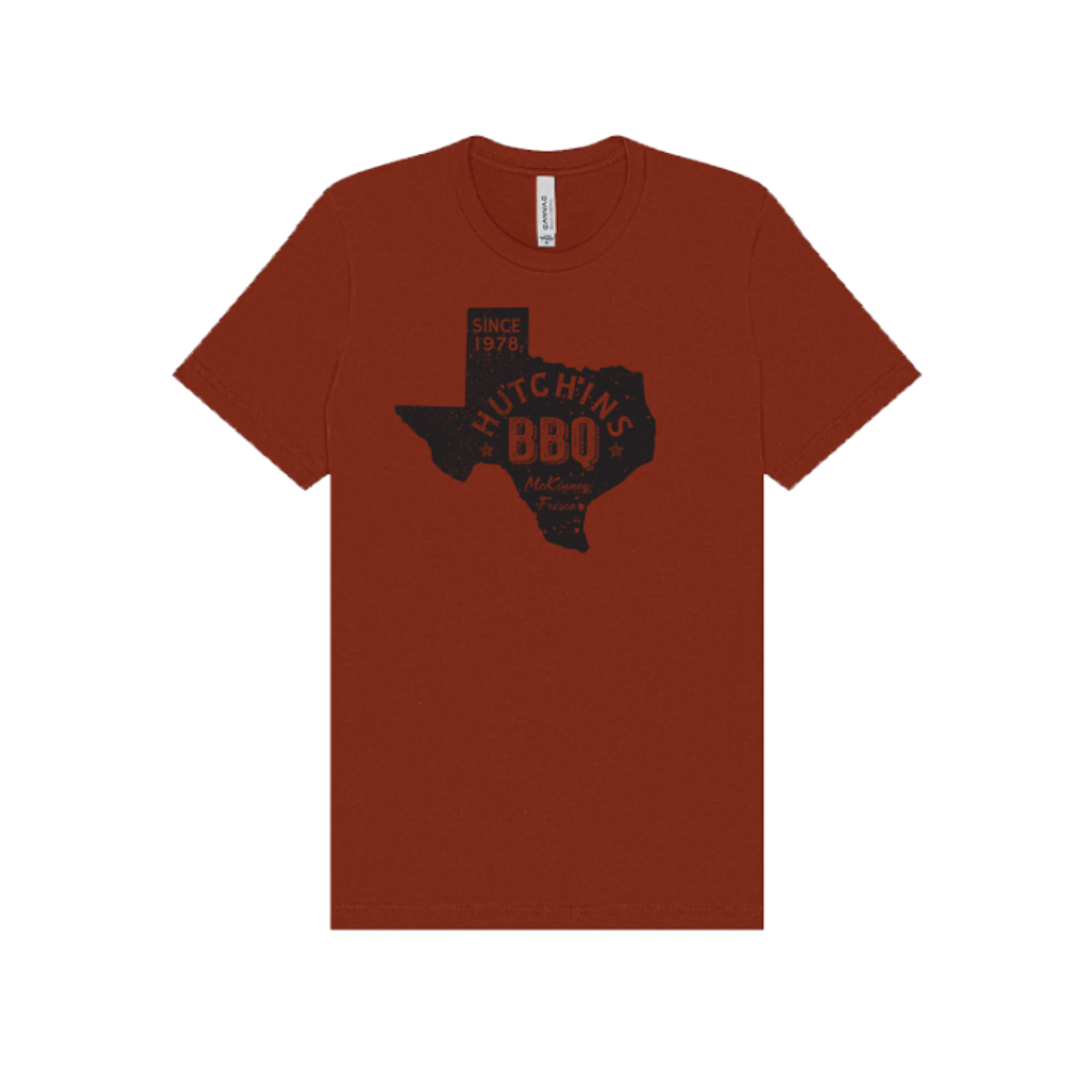 Hutchins Barbeque Texas Shape Tee – Rust