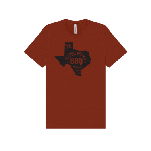 Hutchins Barbeque Texas Shape Tee – Rust