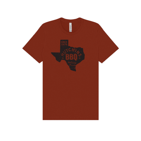Hutchins Barbeque Texas Shape Tee – Rust